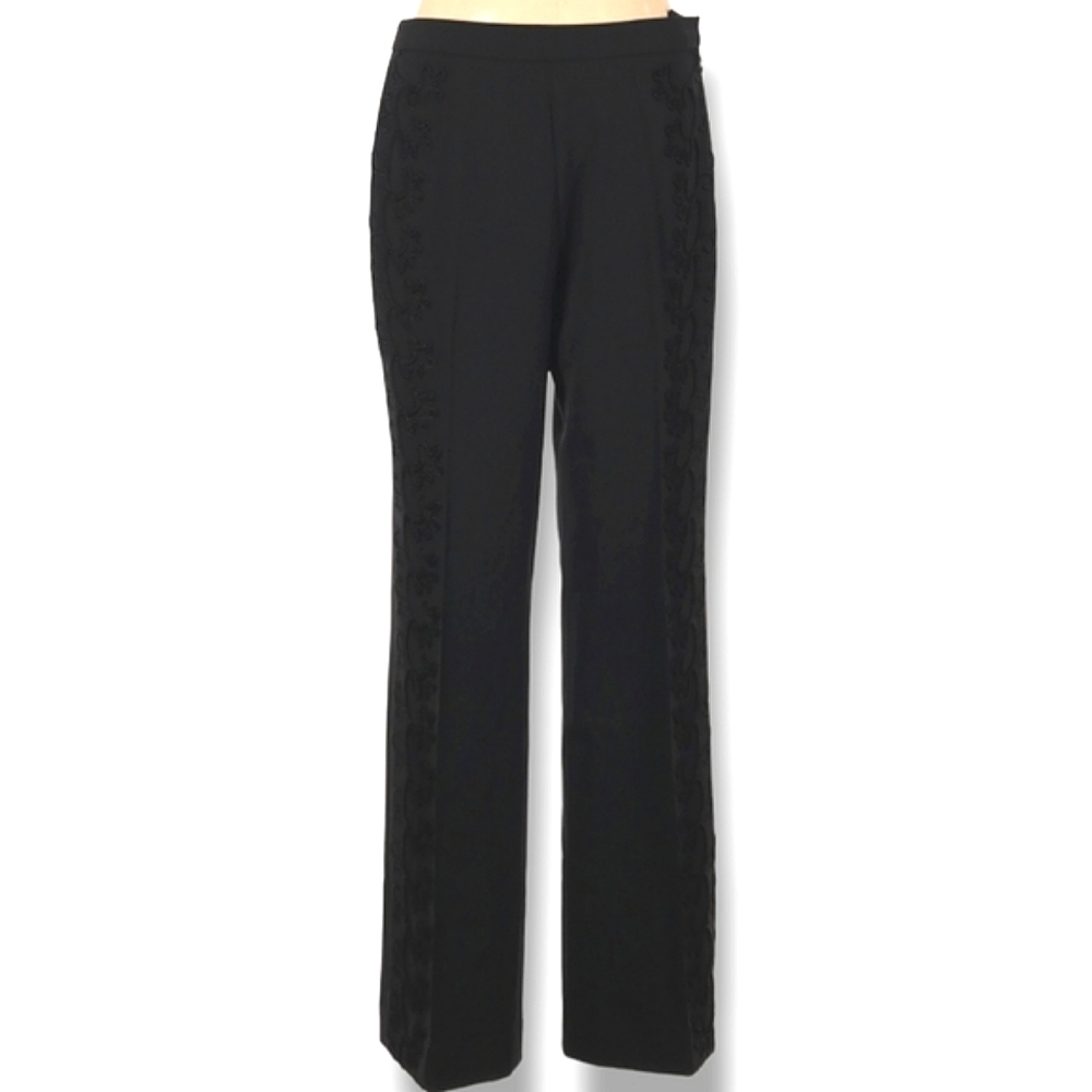 Worth New York Dress Pants Size 4 Black Embroidered Straight Leg Side Zipper